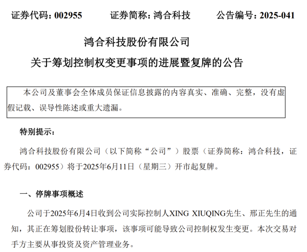 配资指数平台 鸿合科技控制权拟发生变更 公司股票明起复牌